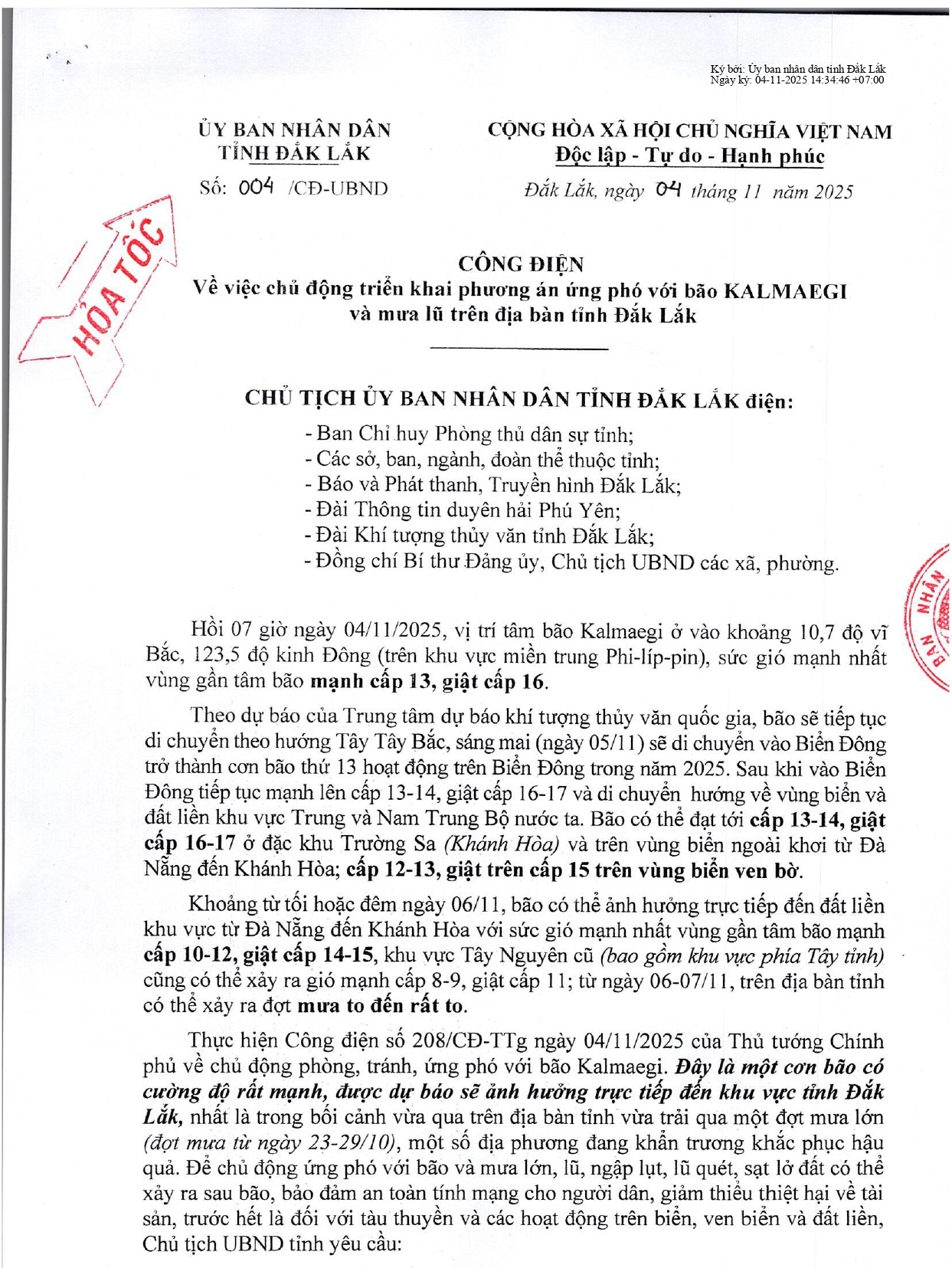 Công điện về việc chủ động triển khai phương án ứng phó với bão KALMAEGI và mưa lũ trên địa bàn tỉnh Đắk Lắk